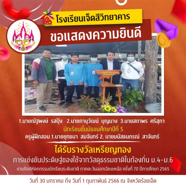 เหรียญทองการแข่งขันประดิษฐ์ของใช้จากวัสดุธรรมชาติในท้องถิ่น ม.4-6 ศิลปหัตถกรรมระดับชาติ ปีการศึกษา 2&hellip;